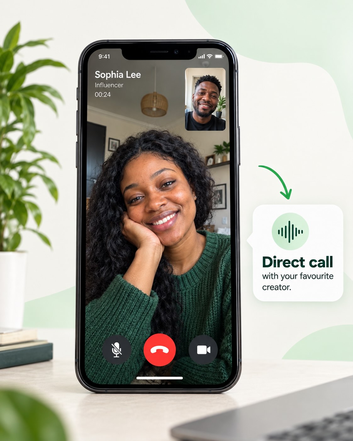 A video call with Sophia Lee and a prompt to book a direct call with your favourite creator.